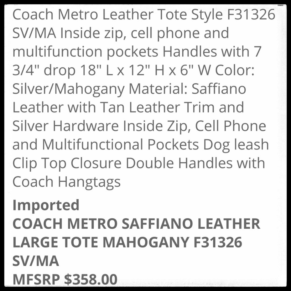 🚫SOLD🚫 ⭐2X HP⭐ Coach Metro Leather Tote, Mahogany NWOT - Picture 8 of 8